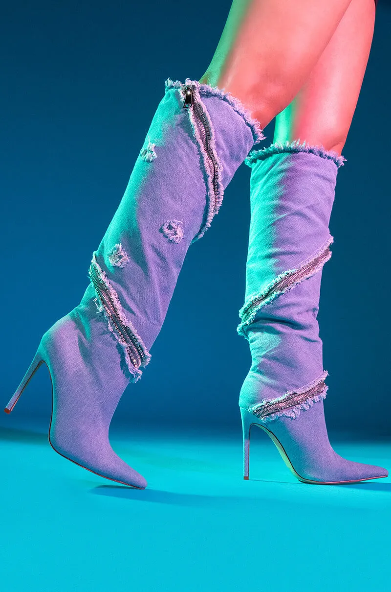 AZALEA WANG BEBOP ZIPPER DECOR MID CALF BOOT IN DENIM