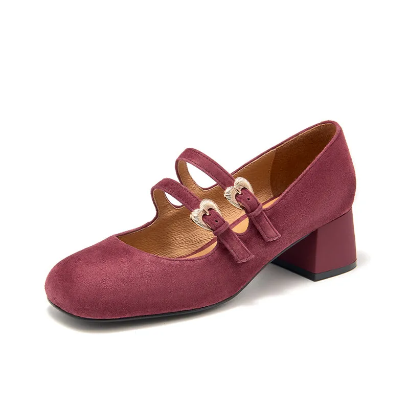 BeauToday Suede Block Heels Mary Jane Pumps with Double Strappys for Women