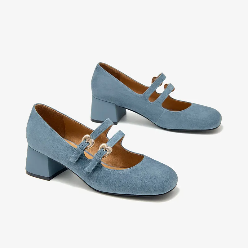 BeauToday Suede Block Heels Mary Jane Pumps with Double Strappys for Women