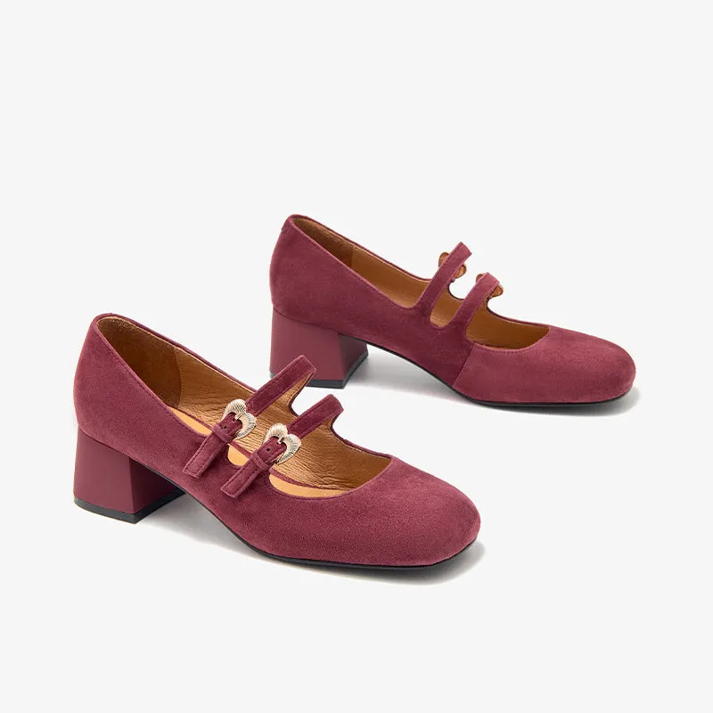BeauToday Suede Block Heels Mary Jane Pumps with Double Strappys for Women