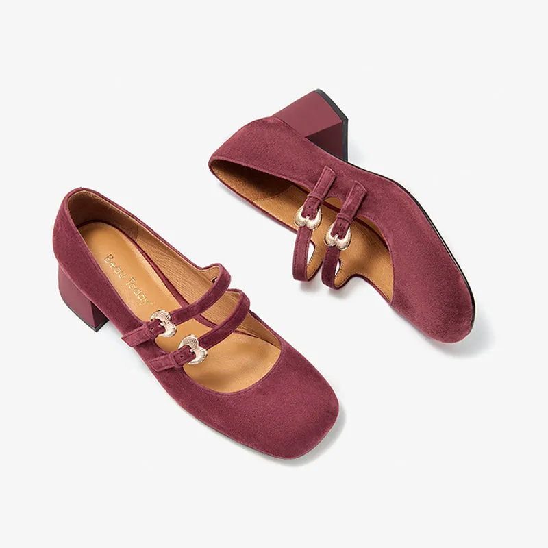 BeauToday Suede Block Heels Mary Jane Pumps with Double Strappys for Women