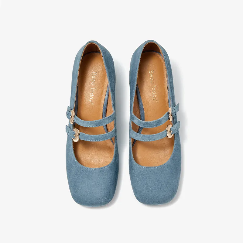 BeauToday Suede Block Heels Mary Jane Pumps with Double Strappys for Women
