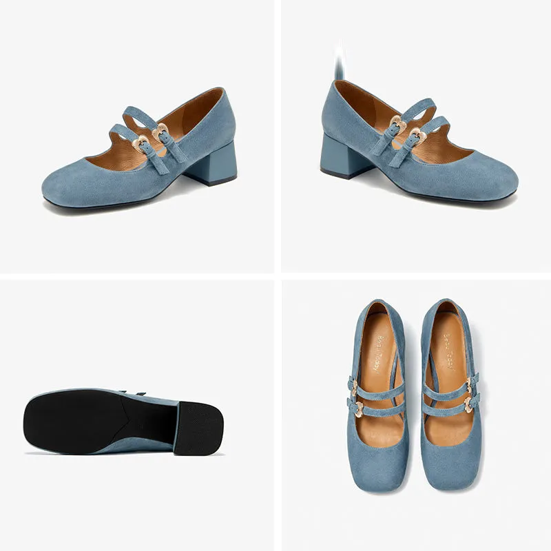 BeauToday Suede Block Heels Mary Jane Pumps with Double Strappys for Women