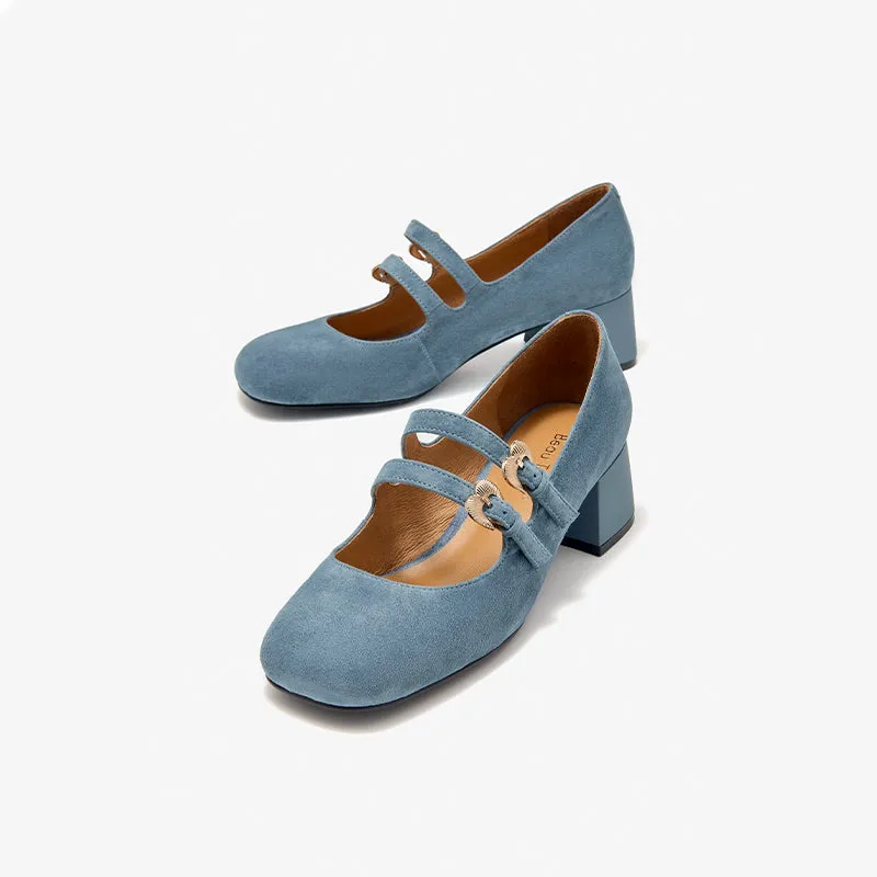 BeauToday Suede Block Heels Mary Jane Pumps with Double Strappys for Women