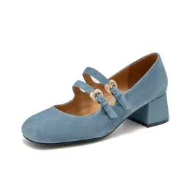 BeauToday Suede Block Heels Mary Jane Pumps with Double Strappys for Women