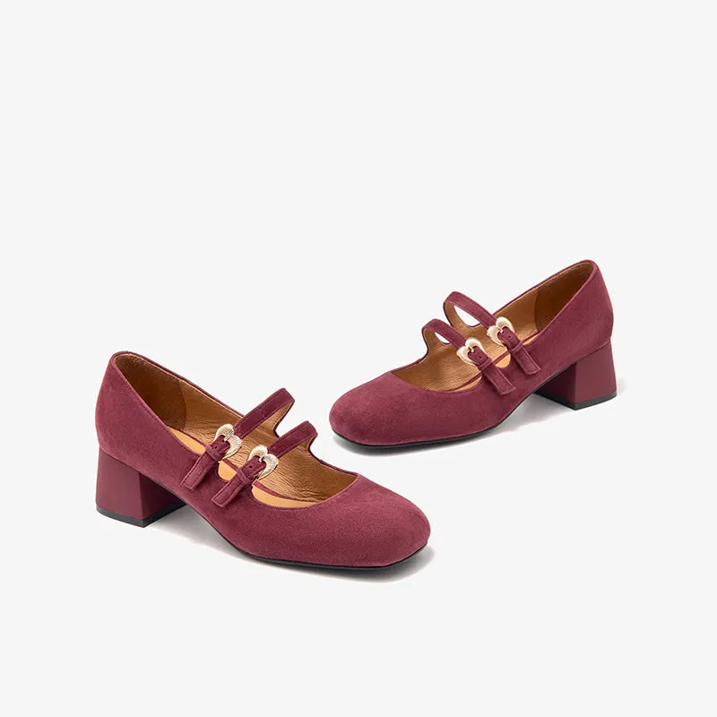 BeauToday Suede Block Heels Mary Jane Pumps with Double Strappys for Women