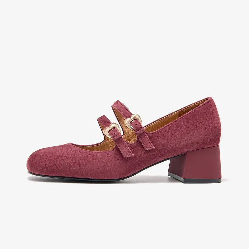 BeauToday Suede Block Heels Mary Jane Pumps with Double Strappys for Women