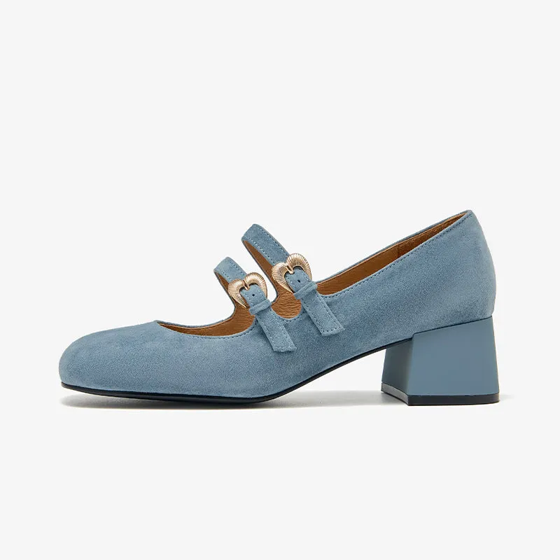BeauToday Suede Block Heels Mary Jane Pumps with Double Strappys for Women