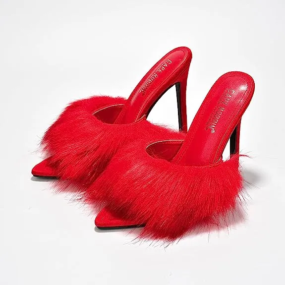 Cape Robbin Fuji Fur Open Peep Toe Stiletto Pointy Toe Stiletto Mule Sandal Heels