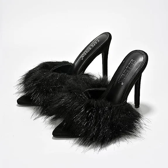 Cape Robbin Fuji Fur Open Peep Toe Stiletto Pointy Toe Stiletto Mule Sandal Heels