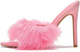 Cape Robbin Fuji Fur Open Peep Toe Stiletto Pointy Toe Stiletto Mule Sandal Heels