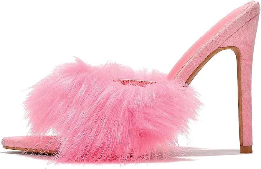 Cape Robbin Fuji Fur Open Peep Toe Stiletto Pointy Toe Stiletto Mule Sandal Heels
