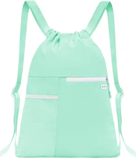 Drawstring Backpack with Mesh Pocket Water Resistant String Beach Swim Sports Gym for Women Men (Mint Green)