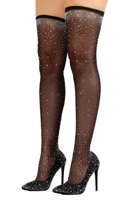Liliana Shoes Black Thigh High Heel Rhinestone Studded Stocking Stiletto Heels