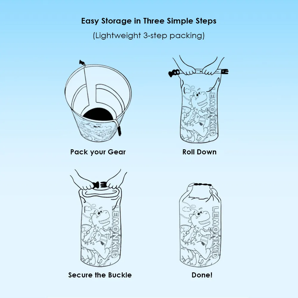 Little Surprise Box, Blue Dino Big Size Clip on & Backpack style Waterproof Swimming Bag/ Beach Bag