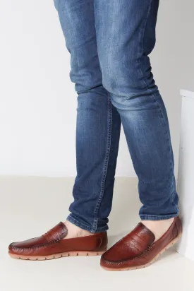 Men's Brown Leather Casual Loafers-Wessi