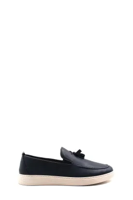 Men's Navy Blue Leather Tassel Loafers-Wessi