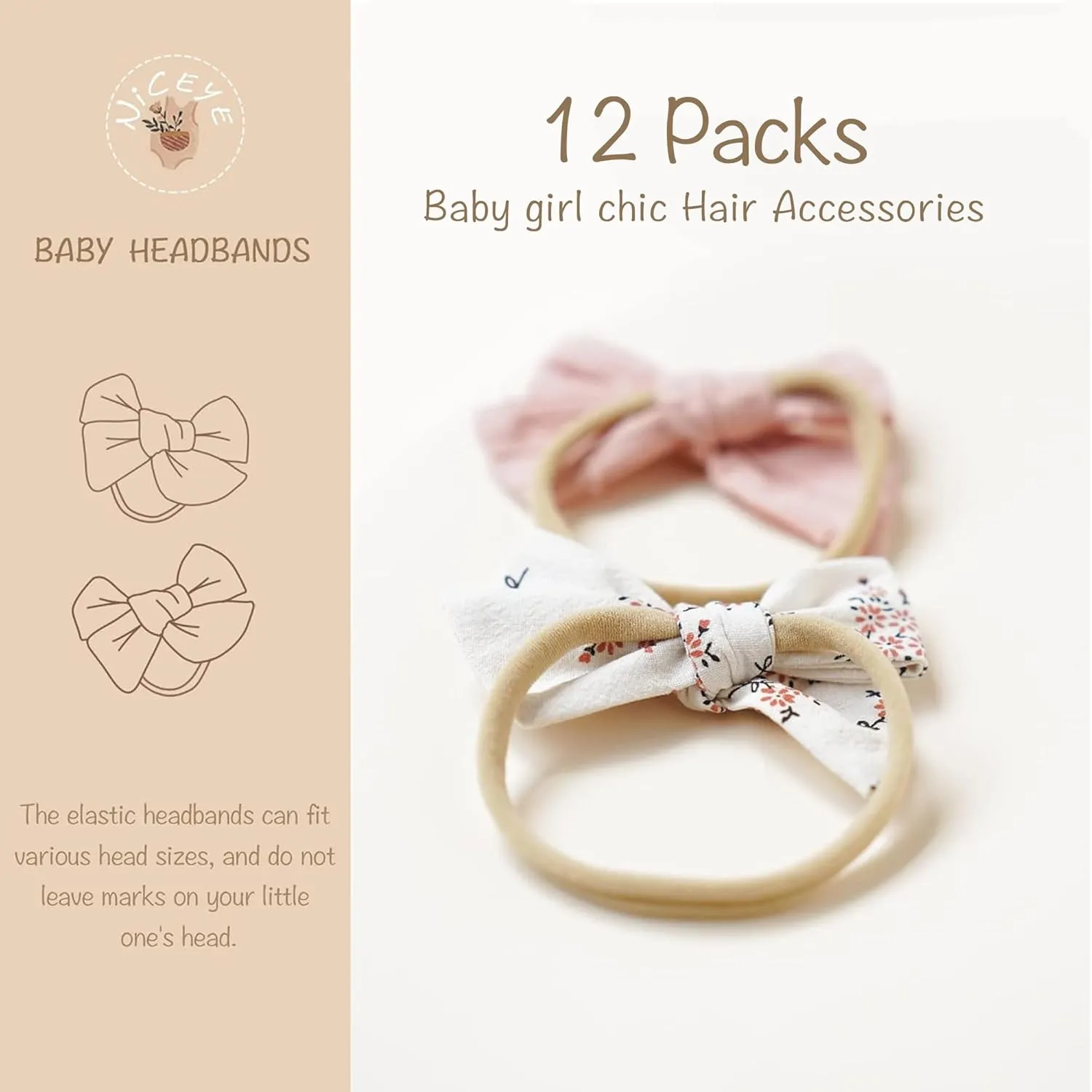 Niceye Baby Headbands and Hairbands Set - 12 Packs of Stretchy Nylon Handmade Hair Accessories for Newborns, Infants, and Toddler Girls