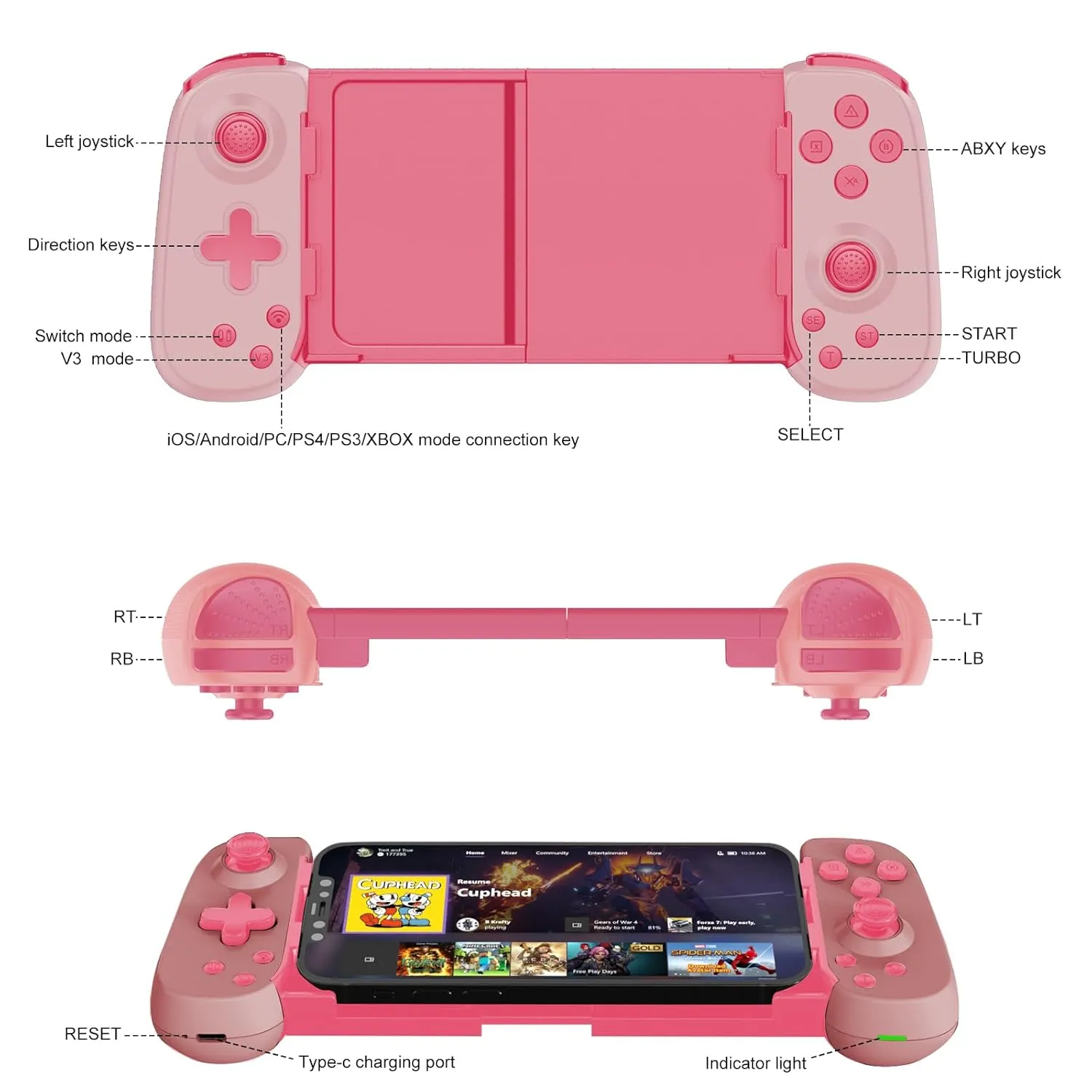 Phone Game Controller for iPhone/Android/PC/Switch, Play COD, Genshin, Diablo, Support Streaming on PS5/PS4/Xbox/PC Console, Cloud Gaming Wireless Gamepad Joystick, Turbo/6-Axis Gyro/Dual Motor, Pink