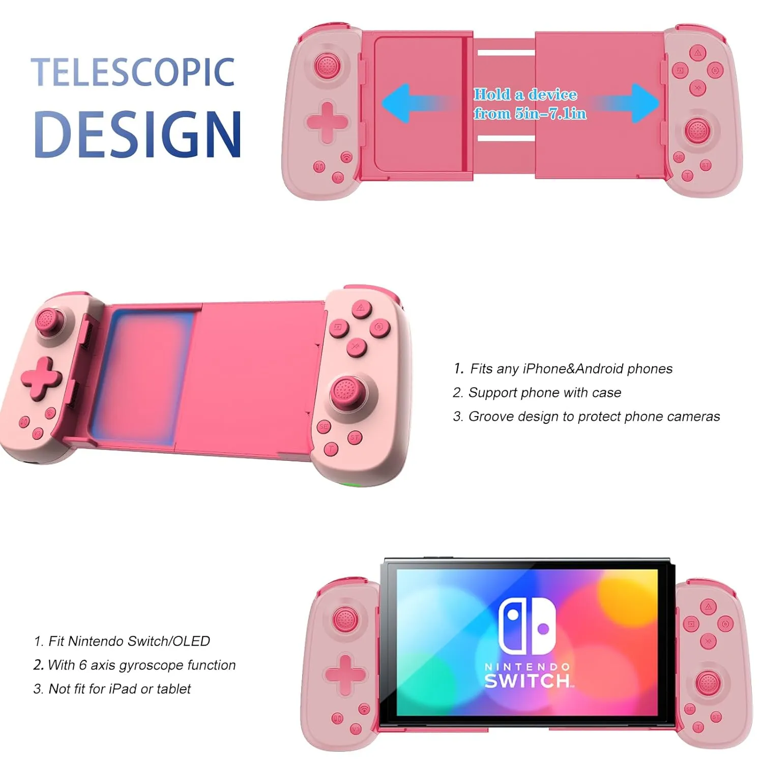 Phone Game Controller for iPhone/Android/PC/Switch, Play COD, Genshin, Diablo, Support Streaming on PS5/PS4/Xbox/PC Console, Cloud Gaming Wireless Gamepad Joystick, Turbo/6-Axis Gyro/Dual Motor, Pink