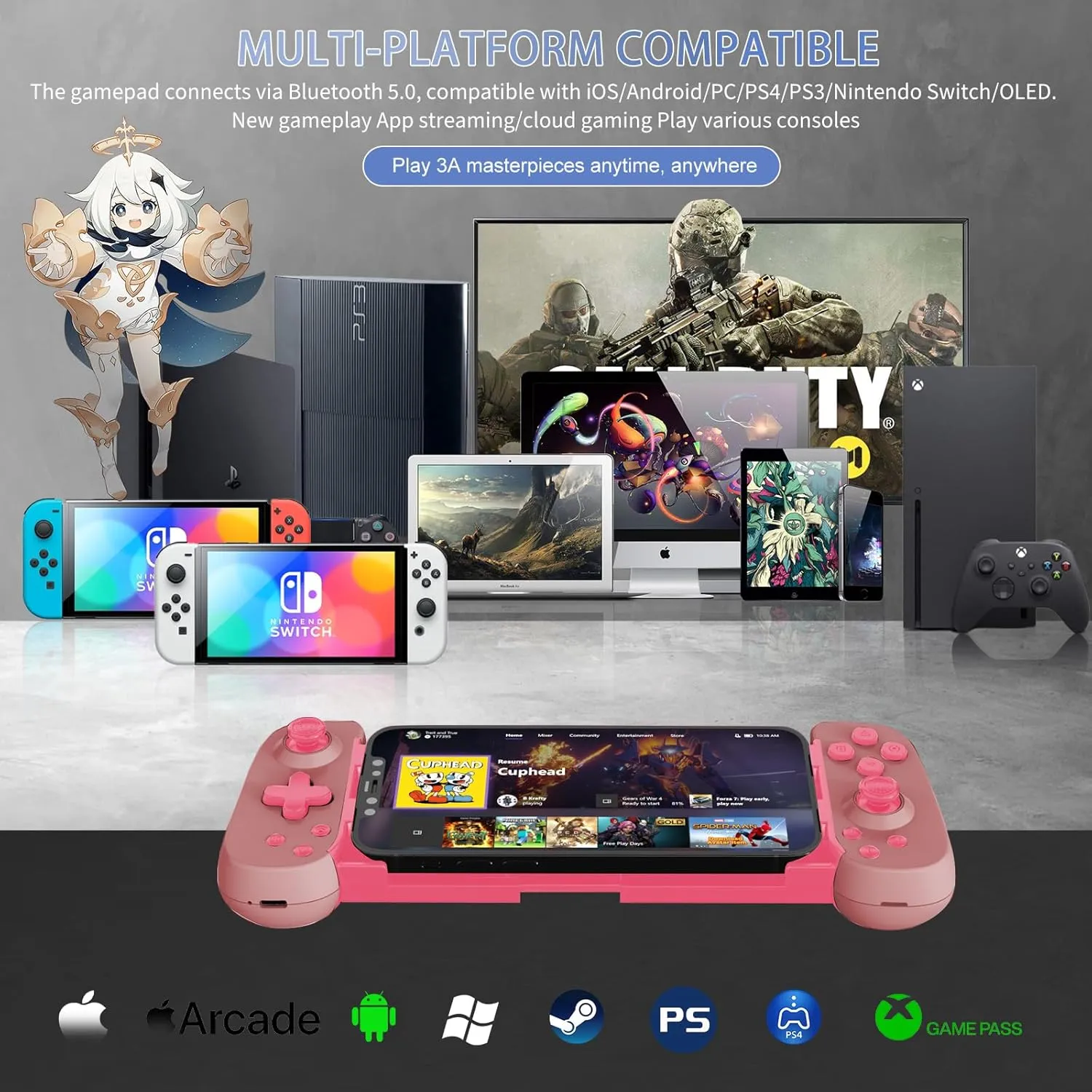 Phone Game Controller for iPhone/Android/PC/Switch, Play COD, Genshin, Diablo, Support Streaming on PS5/PS4/Xbox/PC Console, Cloud Gaming Wireless Gamepad Joystick, Turbo/6-Axis Gyro/Dual Motor, Pink