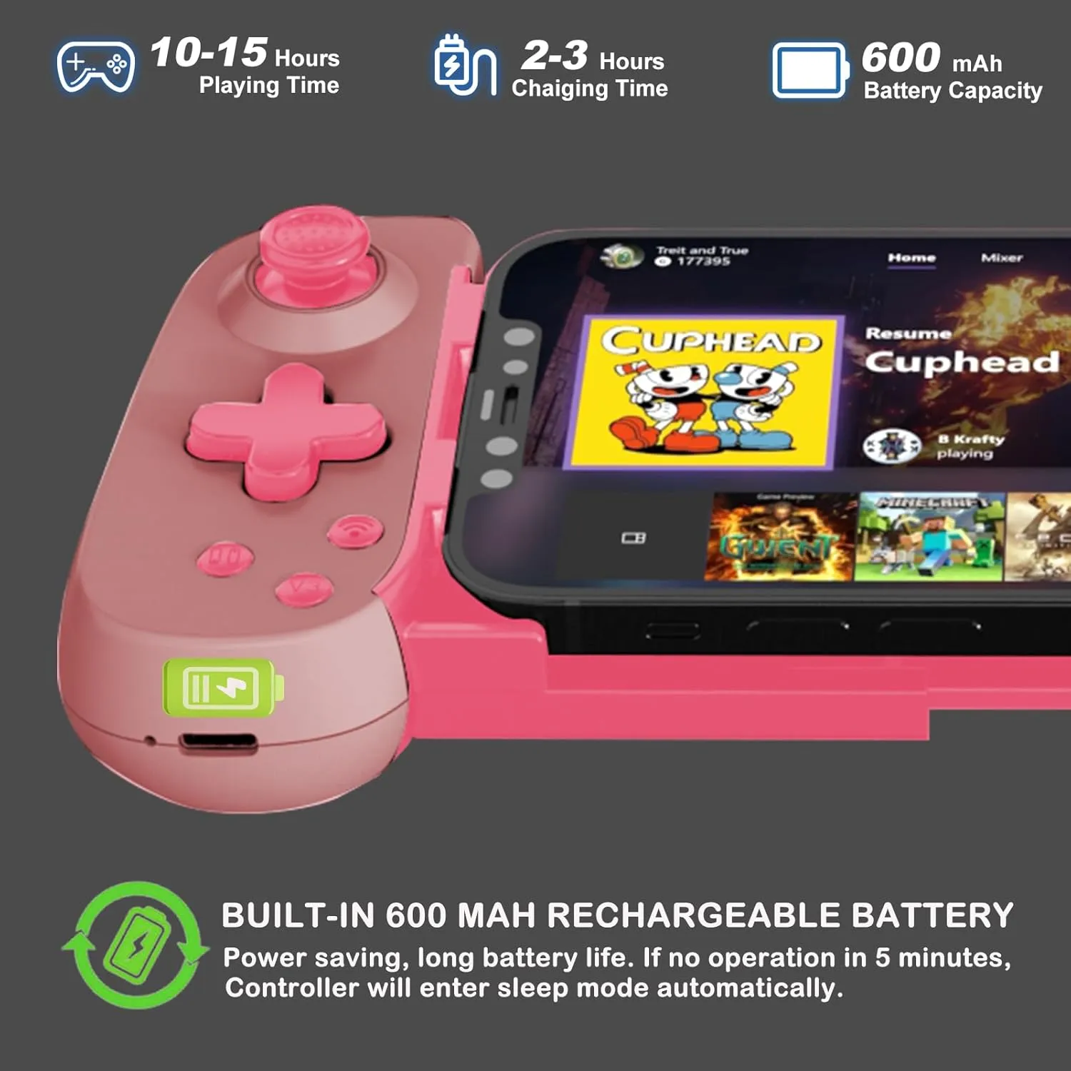 Phone Game Controller for iPhone/Android/PC/Switch, Play COD, Genshin, Diablo, Support Streaming on PS5/PS4/Xbox/PC Console, Cloud Gaming Wireless Gamepad Joystick, Turbo/6-Axis Gyro/Dual Motor, Pink