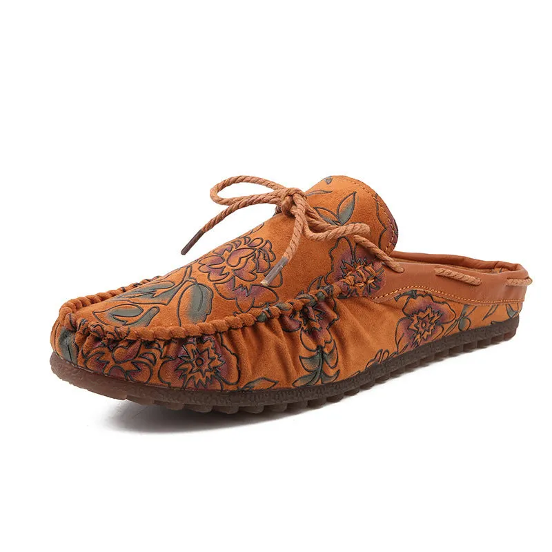 Sao Qichao brand embroidered heel less semi trailing Doudou shoes men's breathable casual leather shoes Baotou lazy shoes rose red