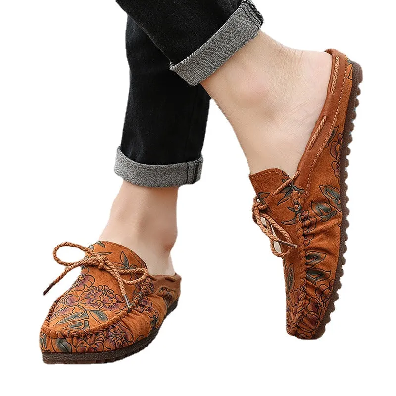 Sao Qichao brand embroidered heel less semi trailing Doudou shoes men's breathable casual leather shoes Baotou lazy shoes rose red