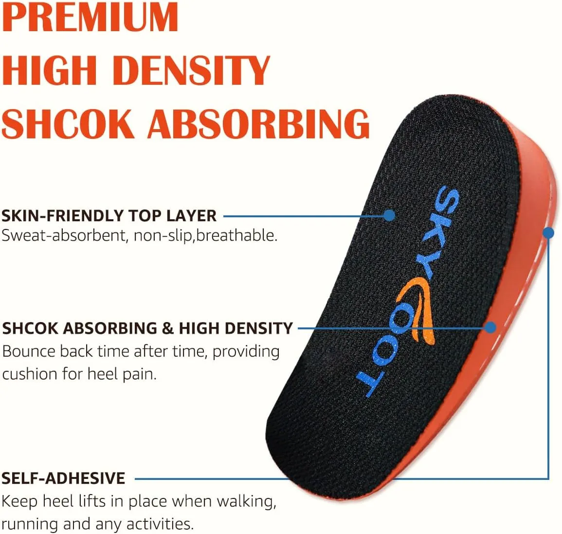 Skyfoot Orthopedic Heel Lift Inserts, Shock Absorption and Cushioning Height Increase Insoles for Achilles Tendonitis Relief, Heel Spurs, Heel Pain and Plantar Fasciitis (Large - 4/5" Thick)