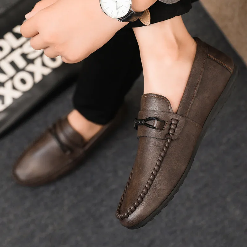 Spring and summer men's shoes low-top Doudou shoes versatile casual shoes breathable leather shoes black work shoes one pedal