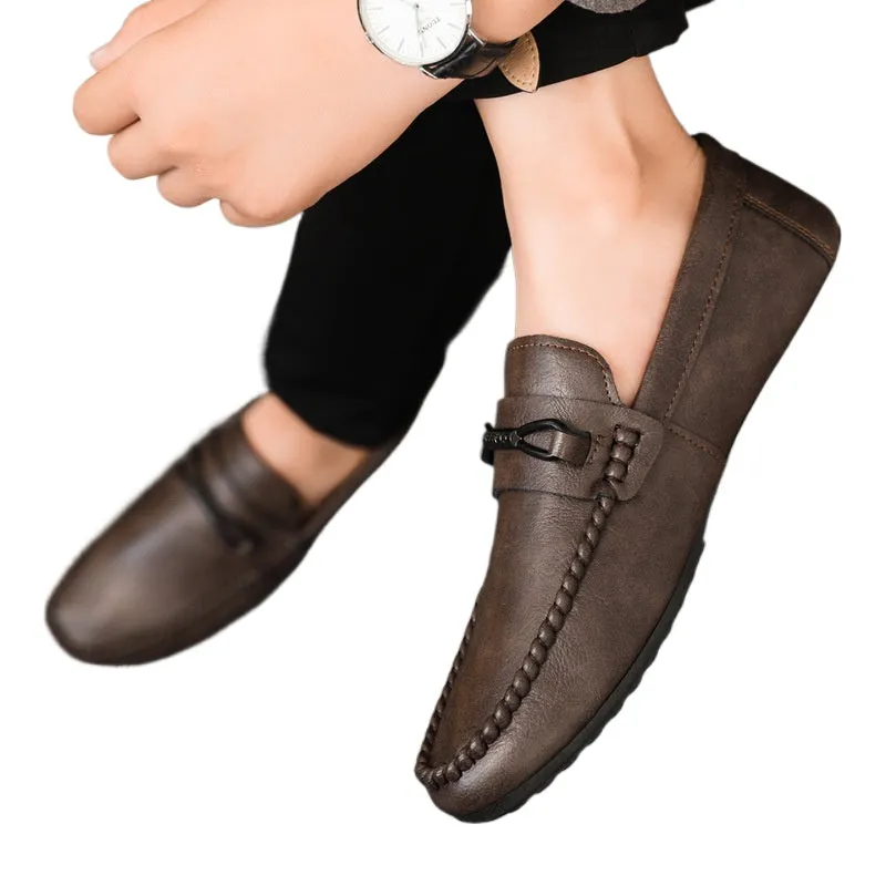 Spring and summer men's shoes low-top Doudou shoes versatile casual shoes breathable leather shoes black work shoes one pedal