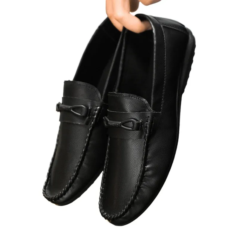 Spring and summer men's shoes low-top Doudou shoes versatile casual shoes breathable leather shoes black work shoes one pedal