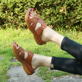 Summer Women Wedge Sandals Premium Orthopedic Open Toe Sandals Vintage Anti-slip Leather Casual Female Platform Retro Shoes